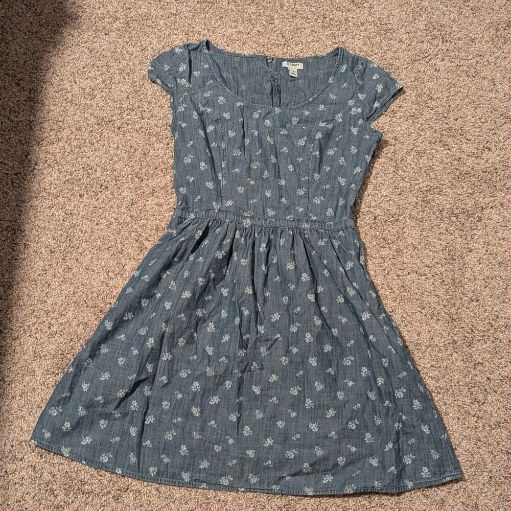Old Navy Denim Cotton Floral Print Dress with Pockets 6 Cottage Spring Summer